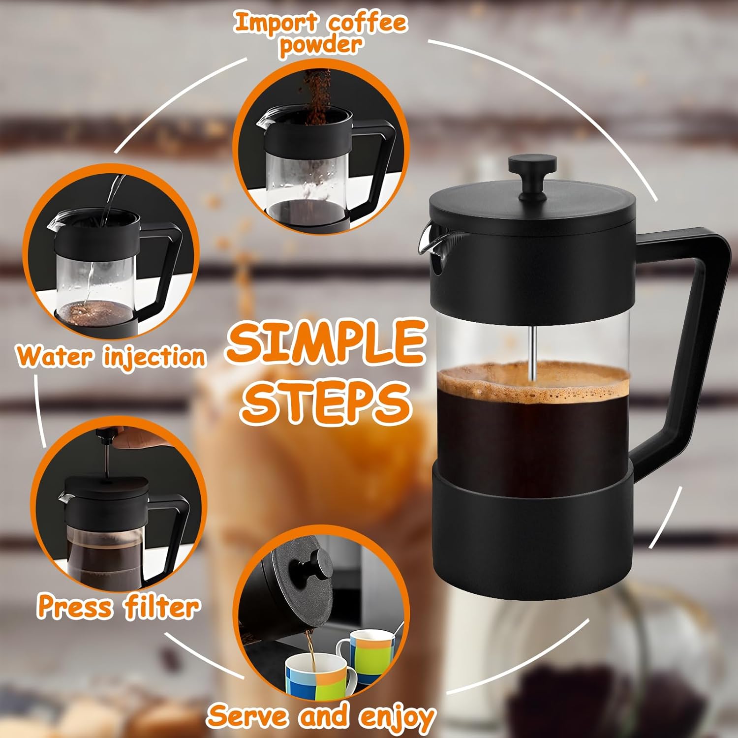 Cafetiera French press 0807BM-BST4037271, sticla borosilicata 1000 ml, filtru triplu din inox, maner din polipropilena, negru