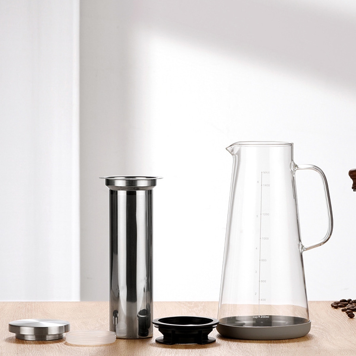 Recipient pentru preparare cold brew 0807BM-BST4025113, din sticla cu filtru din inox, transparent/negru, 26.1 x 10.5 x 7.6 cm
