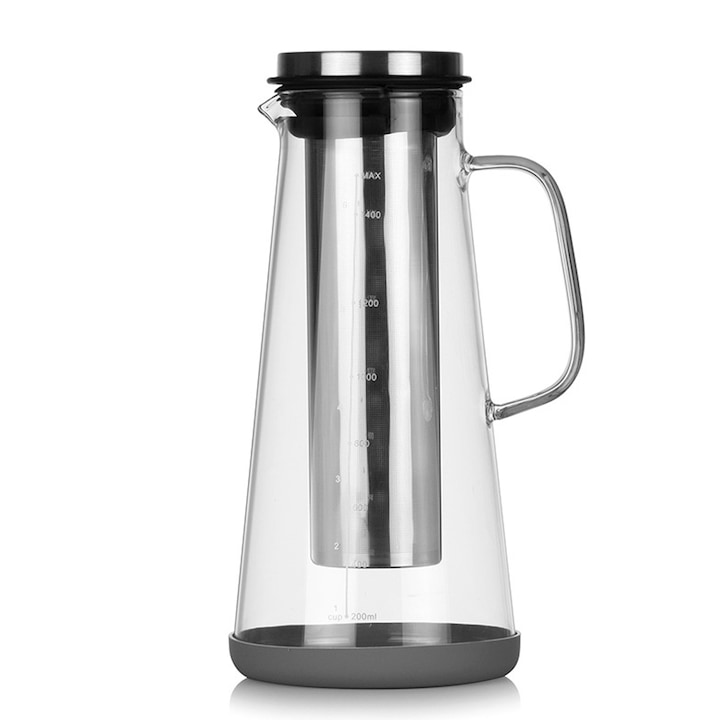 Recipient pentru preparare cold brew 0807BM-BST4025113, din sticla cu filtru din inox, transparent/negru, 26.1 x 10.5 x 7.6 cm