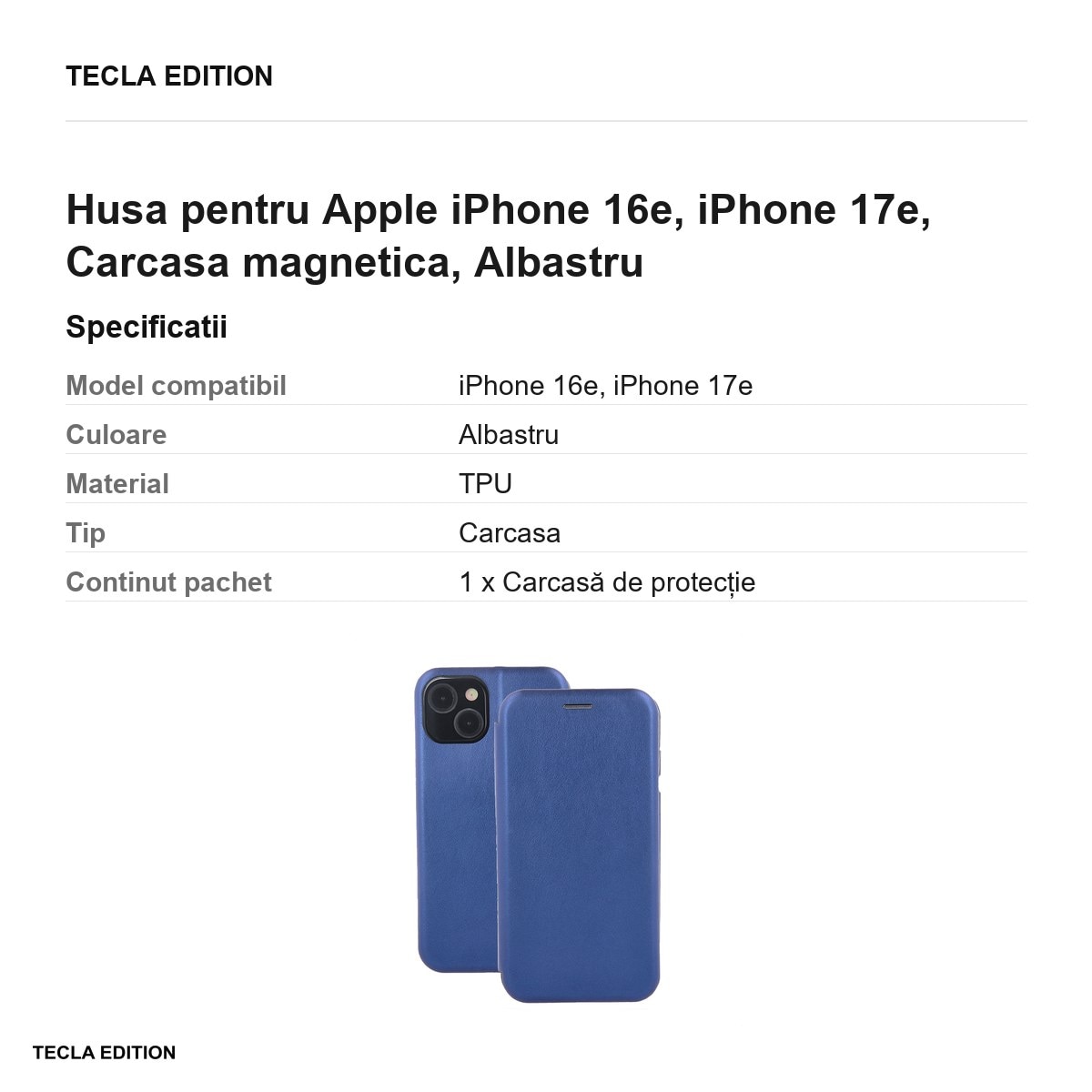 Husa Smart Diva pentru Apple iPhone 16e, iPhone 17e, tip carte cu inchidere magnetica, Albastru