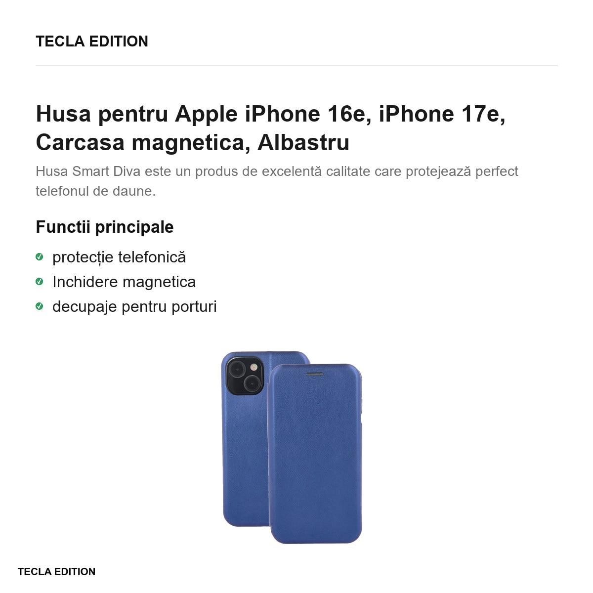 Husa Smart Diva pentru Apple iPhone 16e, iPhone 17e, tip carte cu inchidere magnetica, Albastru