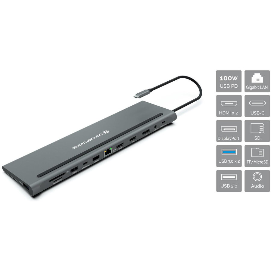 conceptronic Docking Station Conceptronic DONN17G, 12 porturi, 100W USB PD, HDMI x 2, DisplayPort, GbE, USB-A 3.0 x 2, USB-A 2.0, USB-C 5Gbps, SD, TF/MicroSD, Audio, Gri