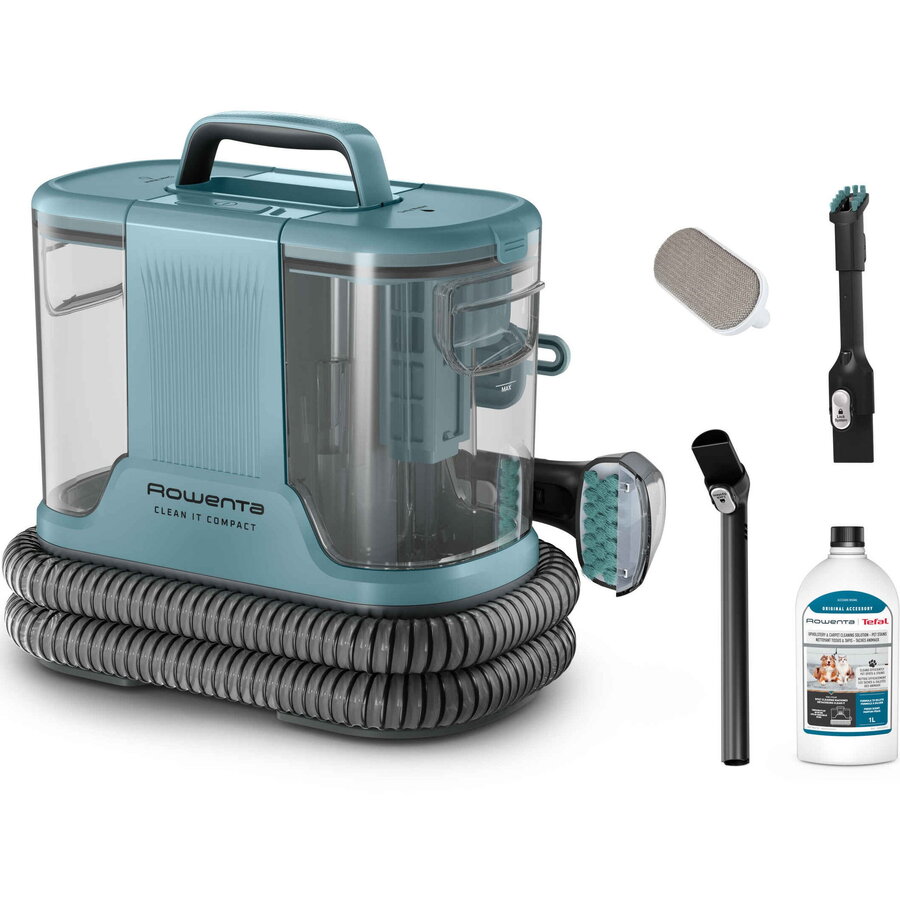 Rowenta Aspirator cu spalare Rowenta Clean IT IN3021F0, 400W, putere aspirare 11.5kPa, rezervor apa & detergent 1.4L, rezervor apa murdara 0.85L, perie 8 cm, perie spatii inguste, accesoriu autocuratare, design compact, verde & turcoaz