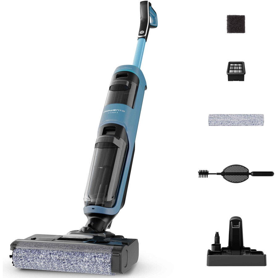Rowenta Aspirator vertical fara fir cu spalare Rowenta X-Clean 2 GZ2271E0, 120W, 440 RPM, pana la 35 min autonomie, aspirare umeda si uscata, capacitate rezervor apa murdara 0.44L, functie autocuratare, panou de control, Albastru-Negru