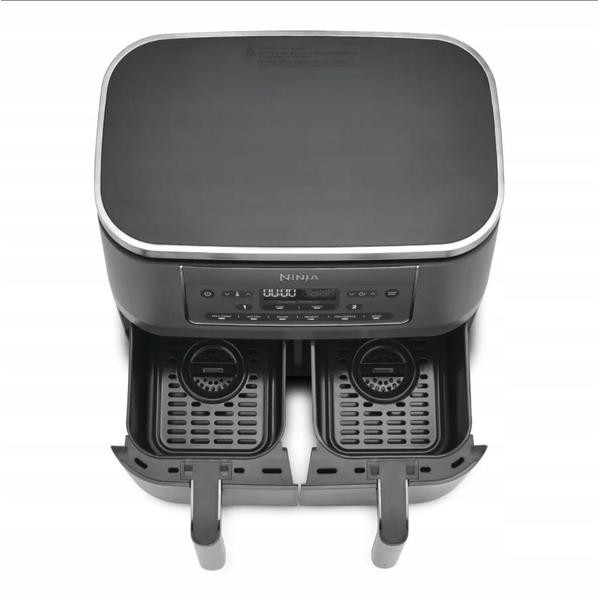 Friteuza cu aer cald Ninja Airfryer Foodi Pro DualZone DZ300, 2400W, 7.6L, 6 functii de gatit, 2 cosuri de 3.8L, functie Max Crisp, functie deshidratare, panou digital, temperatura maxima 240 grade, cosuri si placi cu invelis ceramic (Gri)