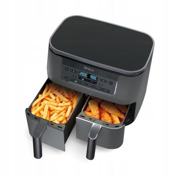 Friteuza cu aer cald Ninja Airfryer Foodi Pro DualZone DZ300, 2400W, 7.6L, 6 functii de gatit, 2 cosuri de 3.8L, functie Max Crisp, functie deshidratare, panou digital, temperatura maxima 240 grade, cosuri si placi cu invelis ceramic (Gri)