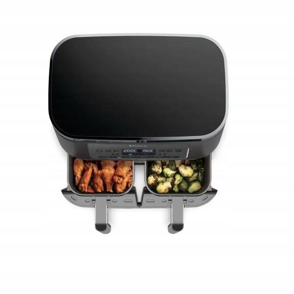 Friteuza cu aer cald Ninja Airfryer Foodi Pro DualZone DZ300, 2400W, 7.6L, 6 functii de gatit, 2 cosuri de 3.8L, functie Max Crisp, functie deshidratare, panou digital, temperatura maxima 240 grade, cosuri si placi cu invelis ceramic (Gri)