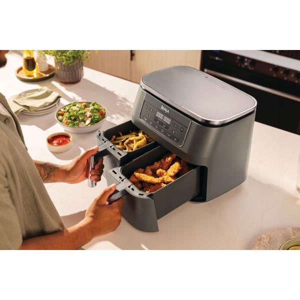 Friteuza cu aer cald Ninja Airfryer Foodi Pro DualZone DZ300, 2400W, 7.6L, 6 functii de gatit, 2 cosuri de 3.8L, functie Max Crisp, functie deshidratare, panou digital, temperatura maxima 240 grade, cosuri si placi cu invelis ceramic (Gri)