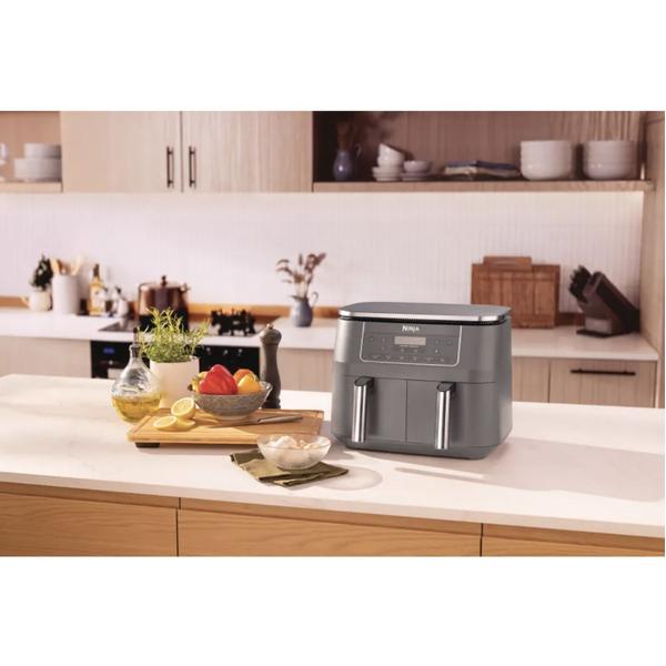 Friteuza cu aer cald Ninja Airfryer Foodi Pro DualZone DZ300, 2400W, 7.6L, 6 functii de gatit, 2 cosuri de 3.8L, functie Max Crisp, functie deshidratare, panou digital, temperatura maxima 240 grade, cosuri si placi cu invelis ceramic (Gri)