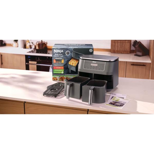 Friteuza cu aer cald Ninja Airfryer Foodi Pro DualZone DZ300, 2400W, 7.6L, 6 functii de gatit, 2 cosuri de 3.8L, functie Max Crisp, functie deshidratare, panou digital, temperatura maxima 240 grade, cosuri si placi cu invelis ceramic (Gri)