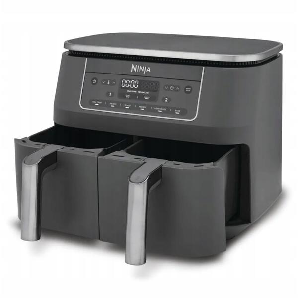 Friteuza cu aer cald Ninja Airfryer Foodi Pro DualZone DZ300, 2400W, 7.6L, 6 functii de gatit, 2 cosuri de 3.8L, functie Max Crisp, functie deshidratare, panou digital, temperatura maxima 240 grade, cosuri si placi cu invelis ceramic (Gri)