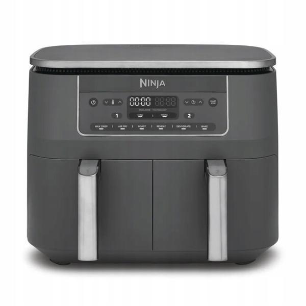 Friteuza cu aer cald Ninja Airfryer Foodi Pro DualZone DZ300, 2400W, 7.6L, 6 functii de gatit, 2 cosuri de 3.8L, functie Max Crisp, functie deshidratare, panou digital, temperatura maxima 240 grade, cosuri si placi cu invelis ceramic (Gri)