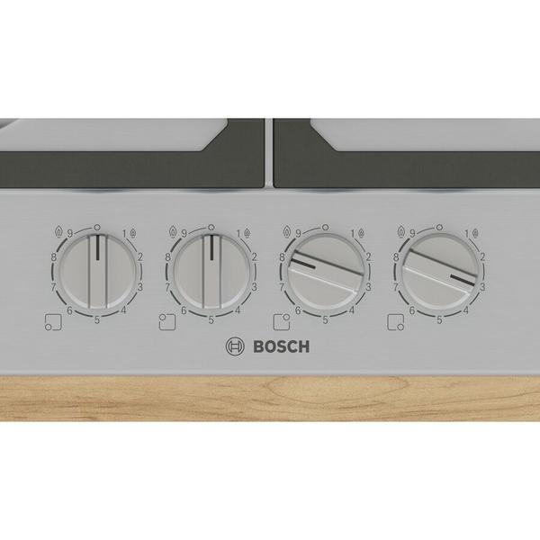 Plita pe Gaz Bosch Serie 6 PCH6A5I90, 582 mm, 4 Arzatoare, FlameSelect, Gratare Fonta, Otel Inoxidabil, Siguranta Gaz (Argintiu)
