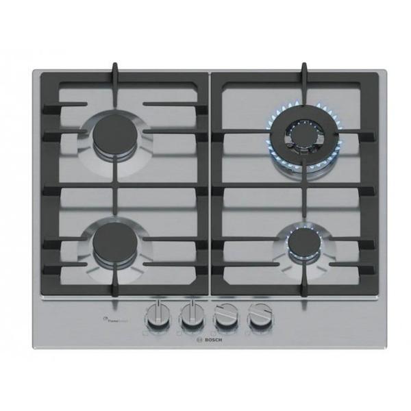 Plita pe Gaz Bosch Serie 6 PCH6A5I90, 582 mm, 4 Arzatoare, FlameSelect, Gratare Fonta, Otel Inoxidabil, Siguranta Gaz (Argintiu)