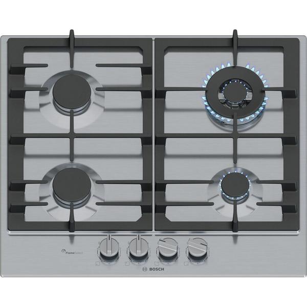 Plita pe Gaz Bosch Serie 6 PCH6A5I90, 582 mm, 4 Arzatoare, FlameSelect, Gratare Fonta, Otel Inoxidabil, Siguranta Gaz (Argintiu)
