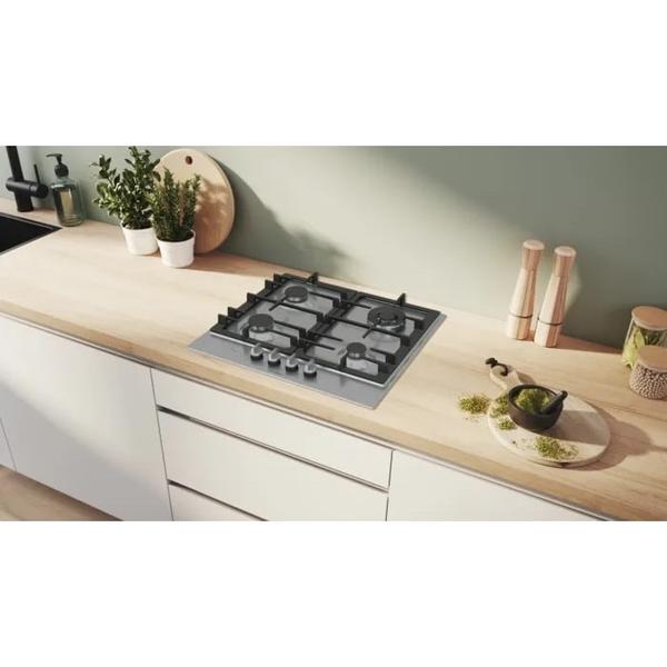 Plita pe Gaz Bosch Serie 6 PCH6A5I90, 582 mm, 4 Arzatoare, FlameSelect, Gratare Fonta, Otel Inoxidabil, Siguranta Gaz (Argintiu)
