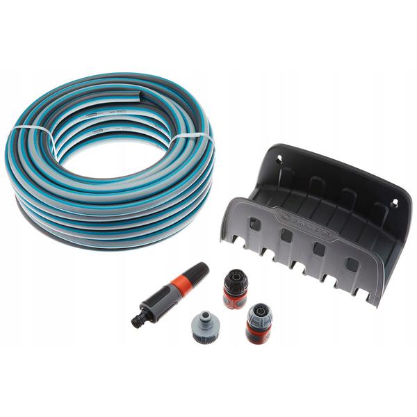 Furtun gradina Gardena 18005-50, 20m 1/2 inch, set complet cu suport perete si pistolet, rezistent la presiune și UV