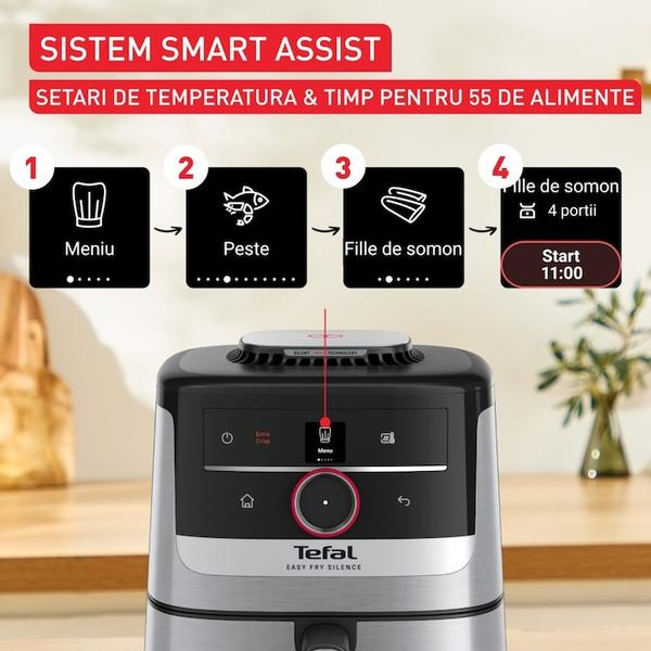 Friteuza cu aer cald Tefal Easy Fry Silence EY572DE1, 1670 W, 5l, 11 programe, pana la 220°C, afisaj digital, functie mentinere cald (Argintiu/Negru)