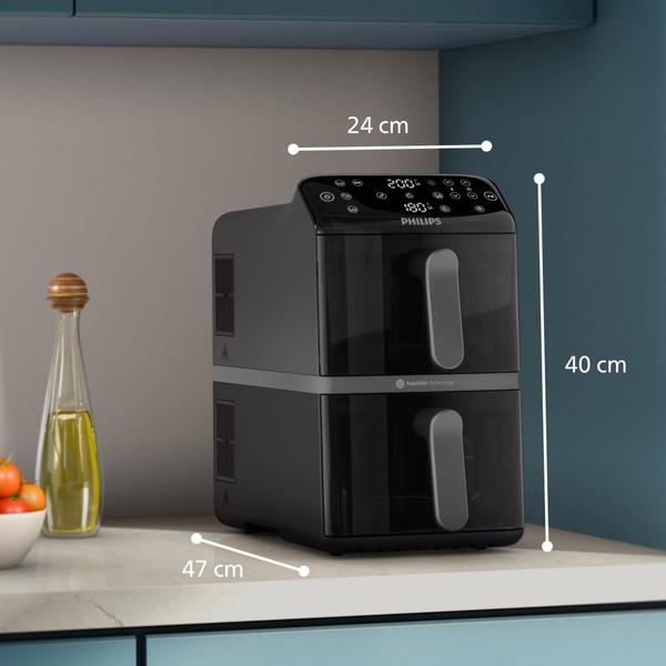 Friteuza cu aer cald verticala Philips Dual Basket Stacked Seria 4000, NA460/00, compact digital, 2 cosuri simetrice suprapuse cu ferestre si strat ceramic fara PFAS, capacitate totala 10L, 2750 W, 13-in-1 functii de gatire, 6 programe presetate (Negru)