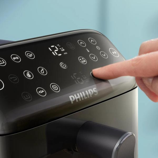 Friteuza cu aer cald verticala Philips Dual Basket Stacked Seria 4000, NA460/00, compact digital, 2 cosuri simetrice suprapuse cu ferestre si strat ceramic fara PFAS, capacitate totala 10L, 2750 W, 13-in-1 functii de gatire, 6 programe presetate (Negru)