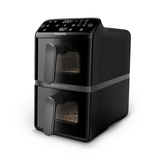 Friteuza cu aer cald verticala Philips Dual Basket Stacked Seria 4000, NA460/00, compact digital, 2 cosuri simetrice suprapuse cu ferestre si strat ceramic fara PFAS, capacitate totala 10L, 2750 W, 13-in-1 functii de gatire, 6 programe presetate (Negru)
