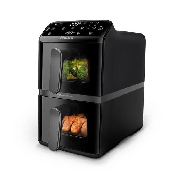 Friteuza cu aer cald verticala Philips Dual Basket Stacked Seria 4000, NA460/00, compact digital, 2 cosuri simetrice suprapuse cu ferestre si strat ceramic fara PFAS, capacitate totala 10L, 2750 W, 13-in-1 functii de gatire, 6 programe presetate (Negru)