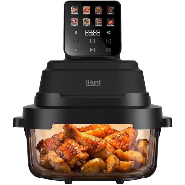 Friteuza cu aer cald fara ulei iHunt PureGlass Crisp 8 in 1, Sistem din Sticla Borosilicata, 1500W, 2 Vase Modulare 4L + 1.5L cu capace de sigilare, circulatie 360 a aerului cald, Negru