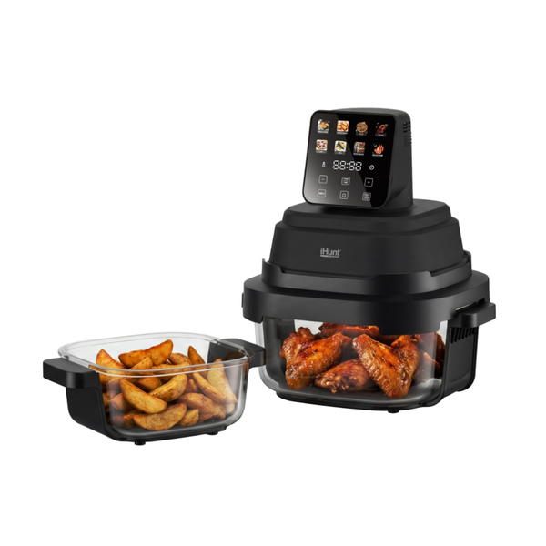 Friteuza cu aer cald fara ulei iHunt PureGlass Crisp 8 in 1, Sistem din Sticla Borosilicata, 1500W, 2 Vase Modulare 4L + 1.5L cu capace de sigilare, circulatie 360 a aerului cald, Negru