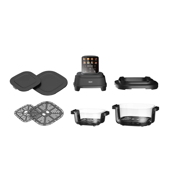 Friteuza cu aer cald fara ulei iHunt PureGlass Crisp 8 in 1, Sistem din Sticla Borosilicata, 1500W, 2 Vase Modulare 4L + 1.5L cu capace de sigilare, circulatie 360 a aerului cald, Negru