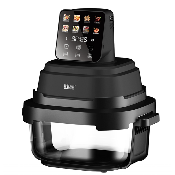 Friteuza cu aer cald fara ulei iHunt PureGlass Crisp 8 in 1, Sistem din Sticla Borosilicata, 1500W, 2 Vase Modulare 4L + 1.5L cu capace de sigilare, circulatie 360 a aerului cald, Negru