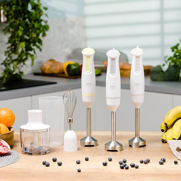 Blender de mana Zelmer ZHB4562L Pulsar Deluxe Max, 800 W, 2 lame inox, Picior inox, Recipient 800 ml, Tocator 450 ml, Tel, Design ergonomic (Alb/Galben)