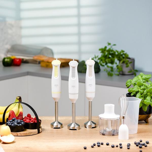 Blender de mana Zelmer ZHB4562L Pulsar Deluxe Max, 800 W, 2 lame inox, Picior inox, Recipient 800 ml, Tocator 450 ml, Tel, Design ergonomic (Alb/Galben)
