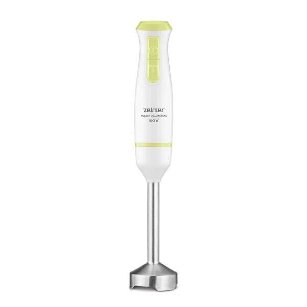Blender de mana Zelmer ZHB4562L Pulsar Deluxe Max, 800 W, 2 lame inox, Picior inox, Recipient 800 ml, Tocator 450 ml, Tel, Design ergonomic (Alb/Galben)