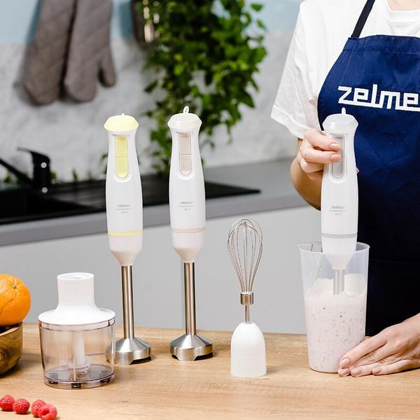Blender de mana Zelmer ZHB4562L Pulsar Deluxe Max, 800 W, 2 lame inox, Picior inox, Recipient 800 ml, Tocator 450 ml, Tel, Design ergonomic (Alb/Galben)