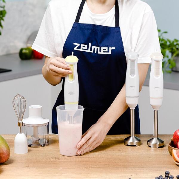 Blender de mana Zelmer ZHB4562L Pulsar Deluxe Max, 800 W, 2 lame inox, Picior inox, Recipient 800 ml, Tocator 450 ml, Tel, Design ergonomic (Alb/Galben)