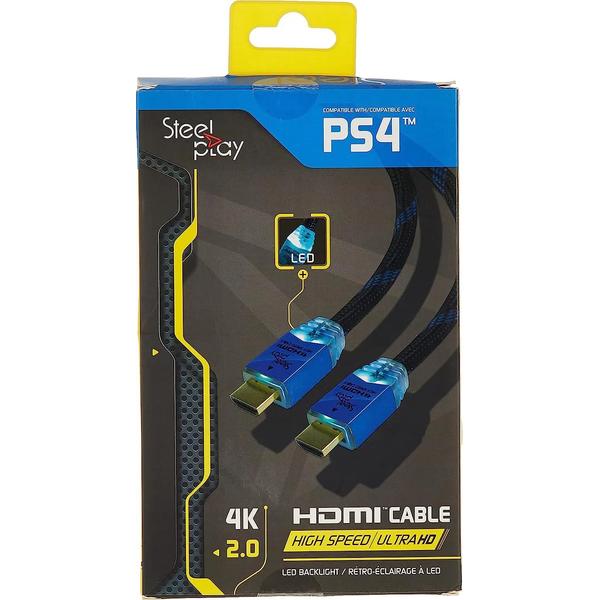 Cablu HDMI Steel Play, iluminare LED, 2m, 4K HDMI 2.0, High-Speed, Pentru PlayStation 3 si Playstation 4 (Negru/Albastru)