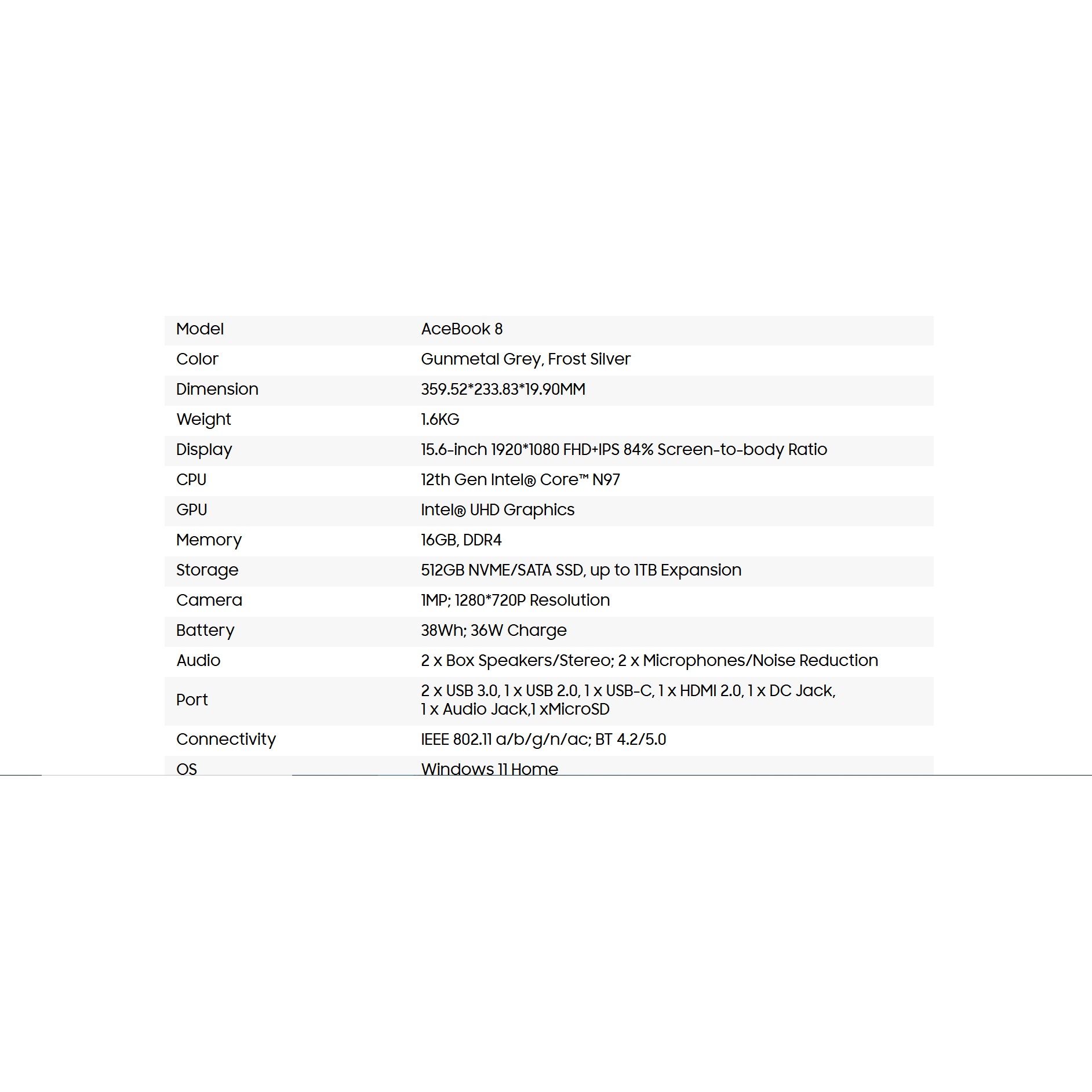 Blackview Acebook 8 Laptop 16GB DDR4 512GB SSD, Intel N97 3.6GHz/ Intel UHD Graphics, Windows 11, 38Wh, 15.6" FHD+, HDMI 2.0, Bluetooth, USB 3.0, Senzor de amprenta, WLAN 5G /Gri