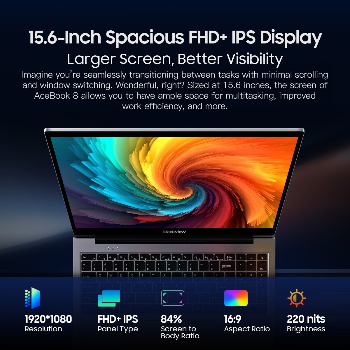 Blackview Acebook 8 Laptop 16GB DDR4 512GB SSD, Intel N97 3.6GHz/ Intel UHD Graphics, Windows 11, 38Wh, 15.6" FHD+, HDMI 2.0, Bluetooth, USB 3.0, Senzor de amprenta, WLAN 5G /Gri
