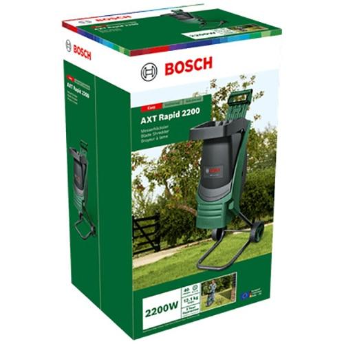 Tocator crengi si resturi vegetale electric Bosch AXT Rapid 2200, 2200 W, 3650 RPM, 14 Nm, 40 mm diametru maxim taiere, 90 kg/h capacitate,roti transport (Verde/Negru)