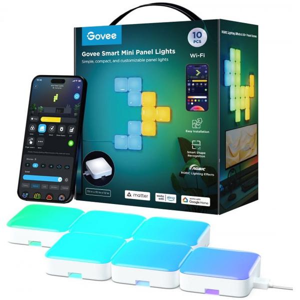 Kit 10 panouri luminoase LED RGBIC inteligente Govee H8069, Matter, Wi-Fi + Bluetooth, Alexa , Google Asistant