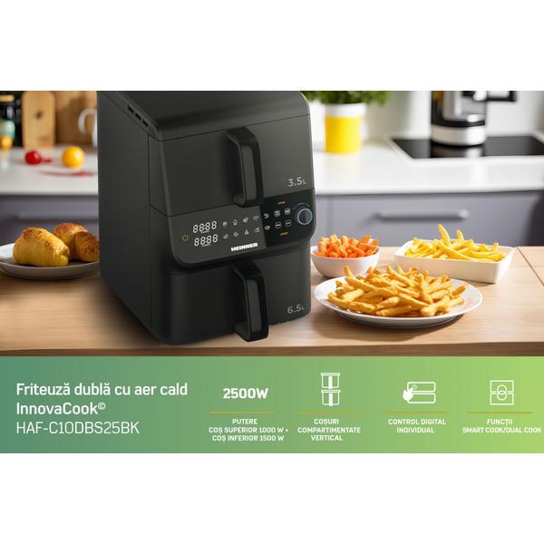 Friteuza dubla cu aer cald HEINNER InnovaCook HAF-C10DBS25BK, 10L (3.5L+6.5L), 2500 W (1000+1500), Timer, 10 programe, Oprire automata (Negru)