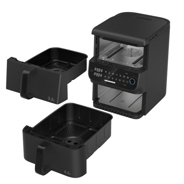 Friteuza dubla cu aer cald HEINNER InnovaCook HAF-C10DBS25BK, 10L (3.5L+6.5L), 2500 W (1000+1500), Timer, 10 programe, Oprire automata (Negru)