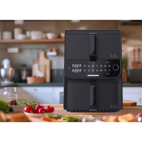 Friteuza dubla cu aer cald HEINNER InnovaCook HAF-C10DBS25BK, 10L (3.5L+6.5L), 2500 W (1000+1500), Timer, 10 programe, Oprire automata (Negru)