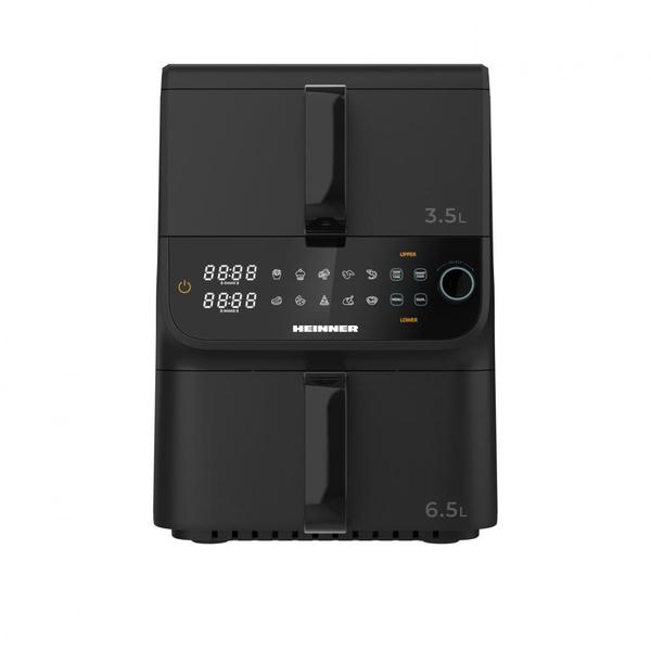 Friteuza dubla cu aer cald HEINNER InnovaCook HAF-C10DBS25BK, 10L (3.5L+6.5L), 2500 W (1000+1500), Timer, 10 programe, Oprire automata (Negru)