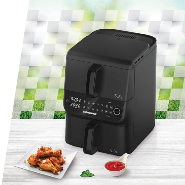 Friteuza dubla cu aer cald HEINNER InnovaCook HAF-C10DBS25BK, 10L (3.5L+6.5L), 2500 W (1000+1500), Timer, 10 programe, Oprire automata (Negru)