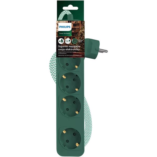 Prelungitor Philips CHP2147G/58, editie Craciun, cu intrerupator, protectie copii, 4 prize, 1.5 m, Verde