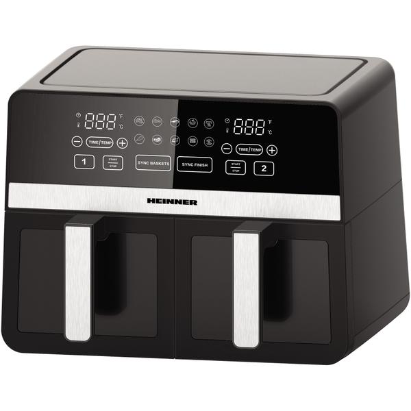 Friteuza dubla cu aer cald Heinner SimCook HAF-K10DB24BK, 2400W, capacitate 9.5L, termostat reglabil cu afisaj LED, control digital individual, 10 programe prestabilite, temporizator 60 min. cu avertizare sonora, Negru