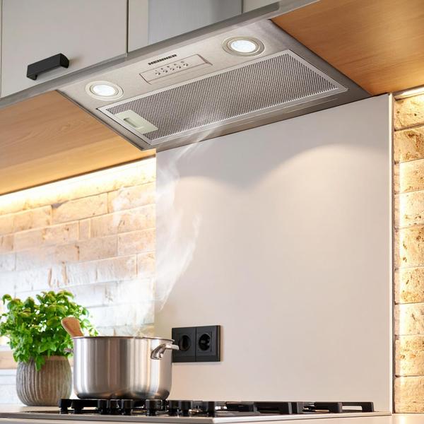 Hota incorporabila HEINNER HBIH-MD600IX, 610 m3/h, 3 viteze, 215 W, LED 2x1.5 W, Filtru aluminiu (Inox)