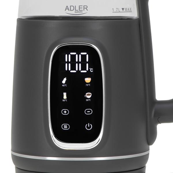 Fierbator de apa Adler AD 1305GS, 1.7 l, 2200 W, Afisaj LED, Baza pivotanta 360, Filtru calcar, 5 presetari (Gri)