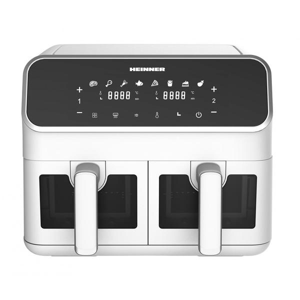 Friteuza dubla cu aer cald HEINNER HAF-H8DB17WH, 8 l, 1700 W, 8 programe, Temperatura reglabila 80-200 C, Ferestre supraveghere (Alb)